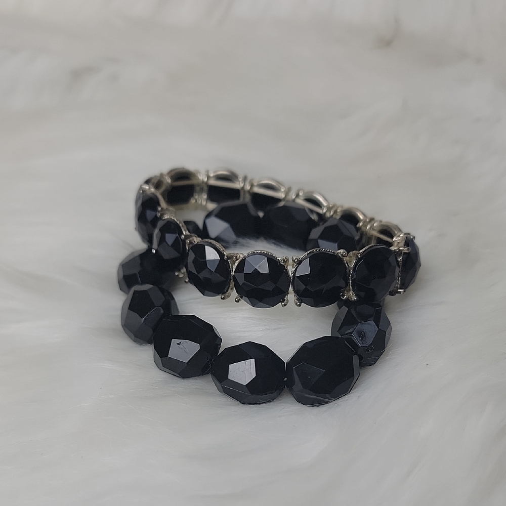 BLACK Silver Tone Faux Stone Beaded Stretch Elastic Bundle‎ of 2 Glam Bracelets